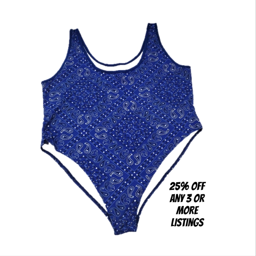 Blue Bandana Bodysuit Bodycon size XXL Tank Top Sleeveless Paisley Graphic Print